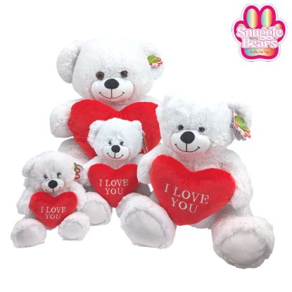 Picture of 28cm (11 INCH) SNUGGLE BEARS SITTING BEAR WITH RED I LOVE YOU EMBROIDERY HEART WHITE