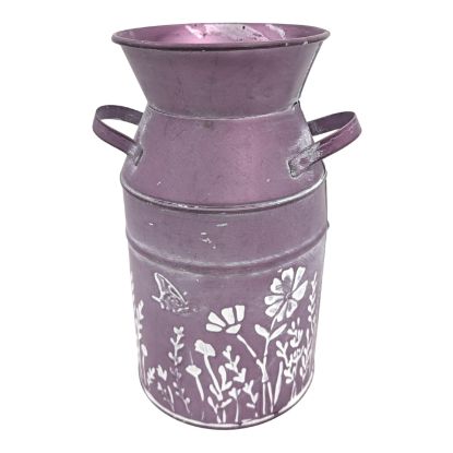 Picture of 19cm METAL MILK CHURN WITH FLORAL DECO PURPLE/WHITE
