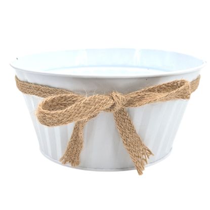 Picture of 18cm METAL ROUND PLANTER WITH HESSIAN BOW WHITE