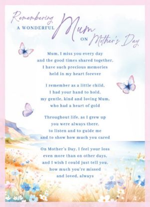 Picture of PLASTIC COATED MEMORIAL CARD X 6pcs - REMEMBERING A WONDERFUL MUM ON MOTHERS DAY