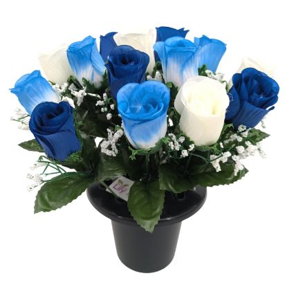 Picture of CEMETERY POT WITH ROSEBUDS & GYP IVORY/ROYAL/BLUE