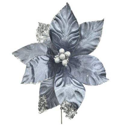 Picture of 45cm SINGLE VELVET POINSETTIA WITH SEQUINS GREY